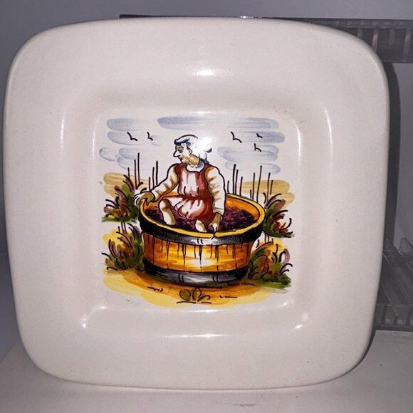 Italian Handpainted Faience Pottery Square Plate Grape Crushing 8.5" NOTE - Picture 1 of 9